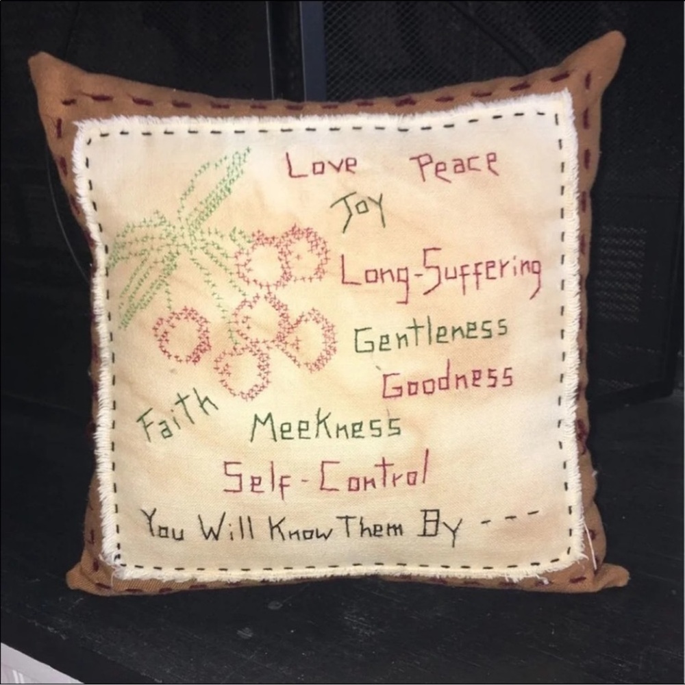 NWOT Cottagecore Religious cross stitch pillow w/ gingham heart 1 side